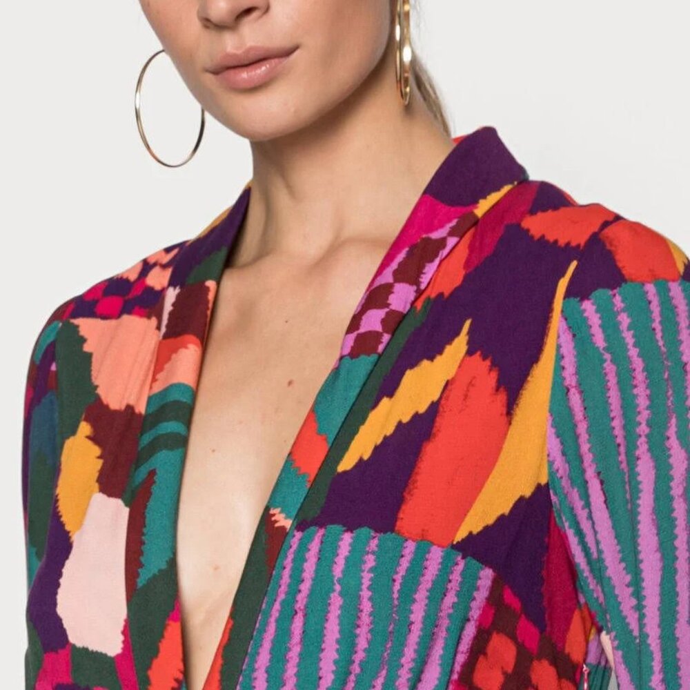 Farm Rio Red Abstract Patchwork Maxi Dress Long Sleeve Wrap Style Size Large - Picture 3 of 15